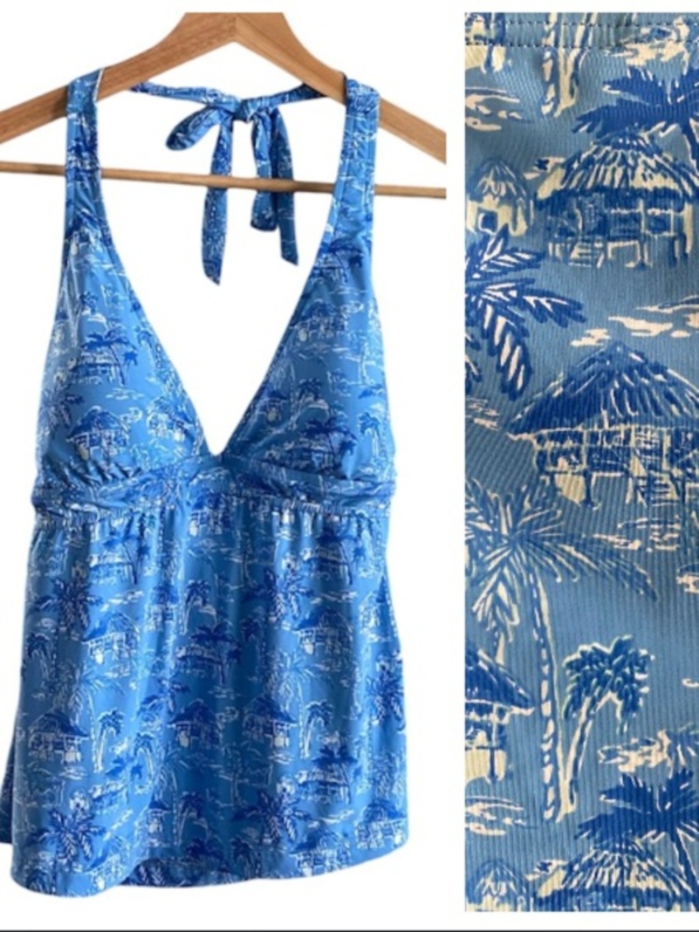 Vineyard Vines Blue Beach Huts Print Halter Tankini Swim Top Small